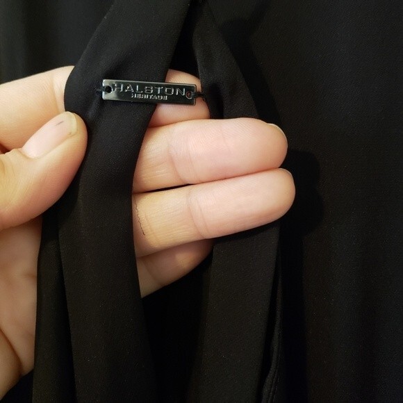 HALSTON HERITAGE High Neck Flowy Cami Silk Dress Black Back Logo - Picture 9 of 13